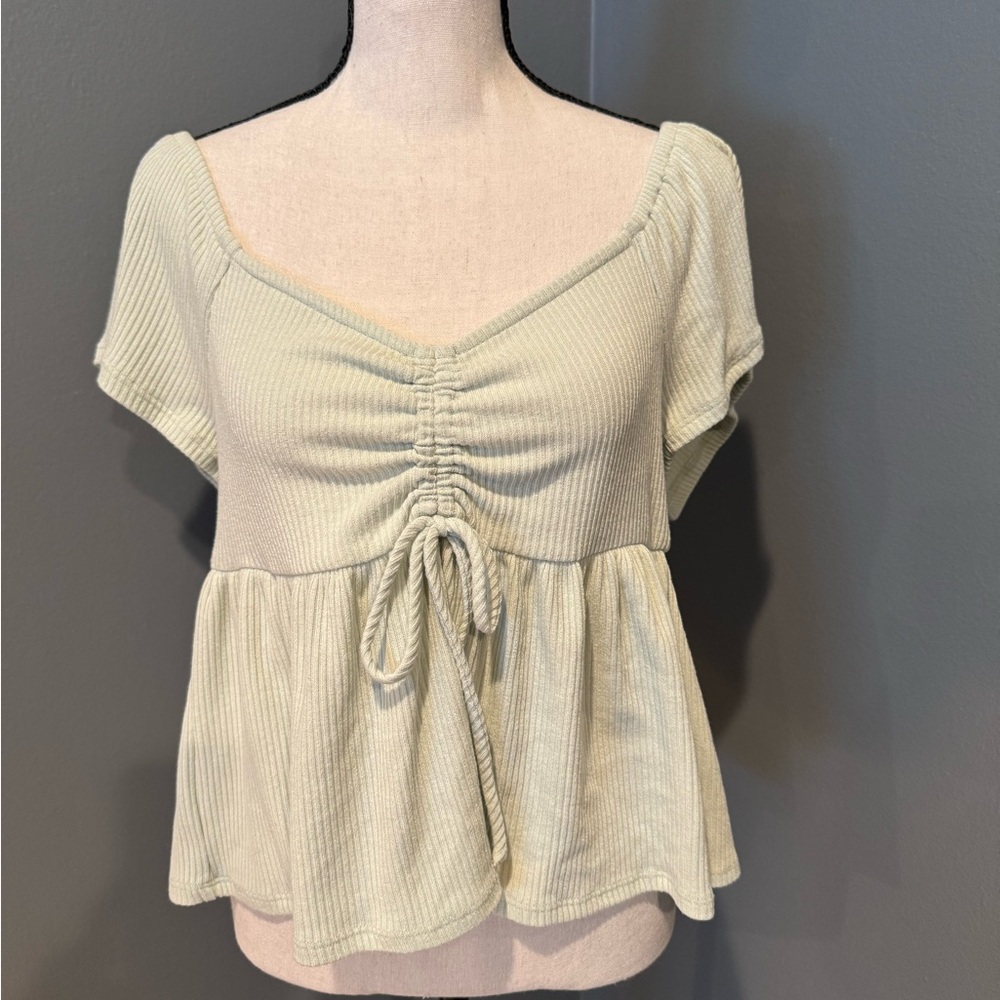 Altar'd State Green Peplum Top with Flutter Sleeves and Ruched Detail